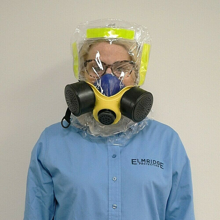 Person wearing Elmridge EBP-900 iEVAC smoke hood on white background