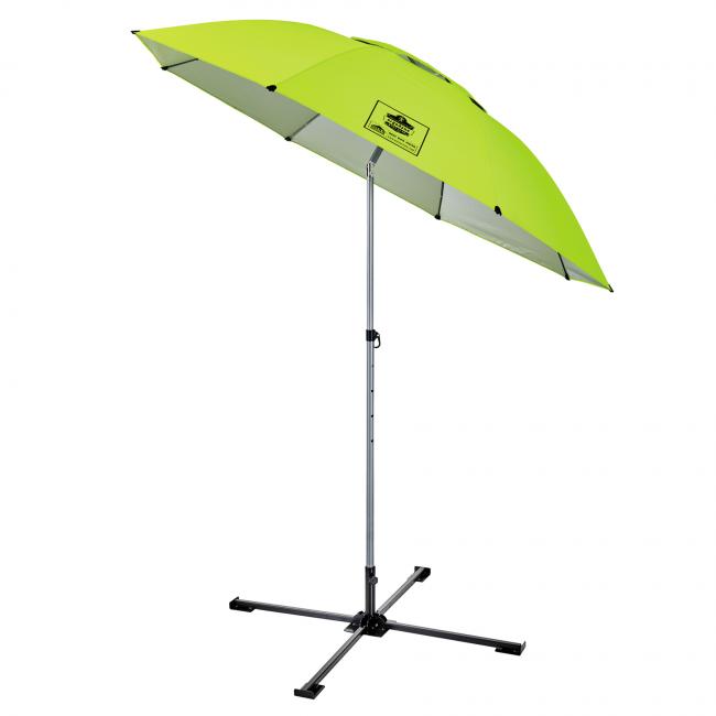 Lime green work umbrella on white background Ergodyne 12969 Shax 6199 Lightweight
