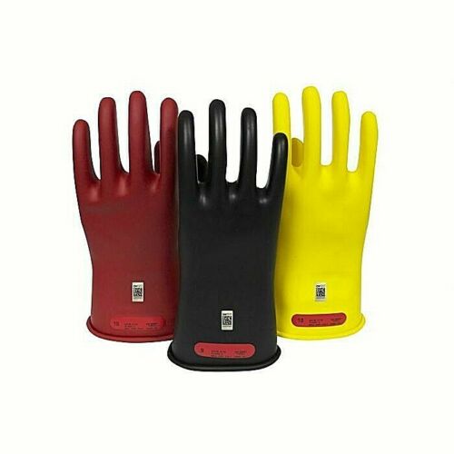 Red,black,and yellow NSA voltage gloves GC0 on white background