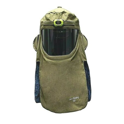 Green and smoke Enespro National Safety Apparel H65NPQHFANPVL 40 CAL Revolite Crossvent Hood w/Light  on white background