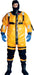 Yellow orange, black, blue Mustang Survival IC900103 Ice Commander Rescue Suit on white background