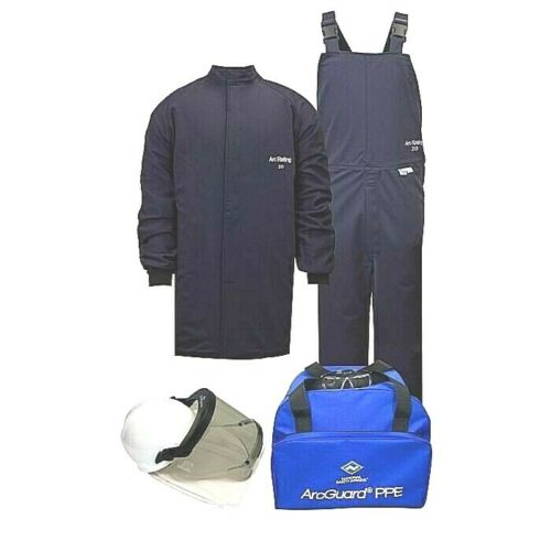 Dark gray overalls, coat, blue bag, white hardhat National Safety Apparel Enespro KIT2SC20 cal Arcguard Arc Flash Kit