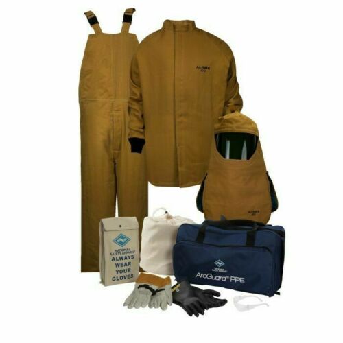 Brown, blue, white, black arc flash kit National Safety Apparel Enespro KIT4SC100 Arcguard 100 cal Arc Flash Kit on white background