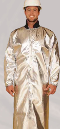 Man wearing silver Lakeland 320-40AG Aluminized Approach Coat 40 Inch  on light gray background