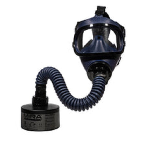 Black childs gas mask, hose,filter against white background