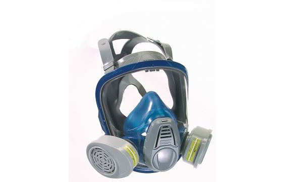 GRAY and blue MSA gas mask 10028997 on white background