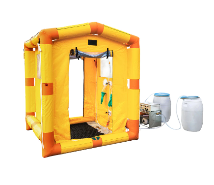 Yellow and Orange MIRA Safety DS-1 Portable Decontamination Shower on white background