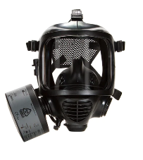 black gas mask with filter on white background