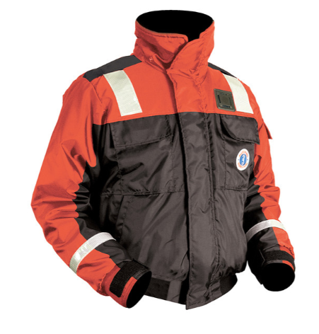 Black and orange Mustang MJ6214 T1-33 Classic Flotation Bomber Jacket with SOLAS Tape on white background