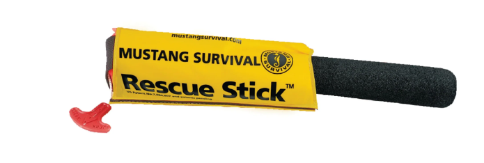 Yellow, black, orange Mustang Survival MRD100 Inflatable Rescue Stick  on white background