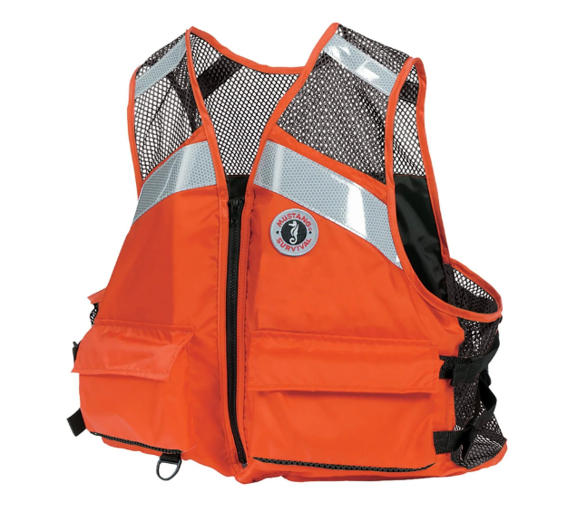 Orange and silver Mustang Survival MV1254 T1 Industrial Mesh Flotation Vest on white background