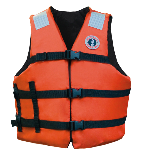 Orange and black Mustang Survival MV3104 T1 Universal Fit Flotation Veston white background