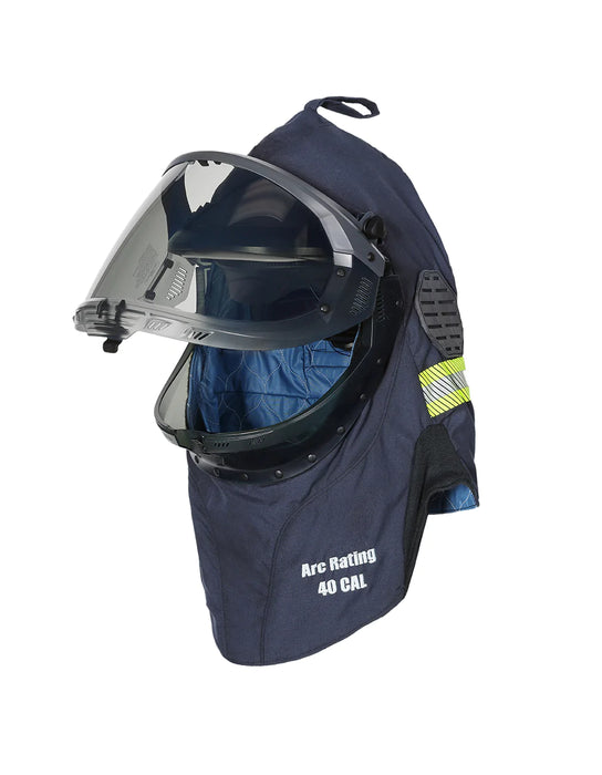 Blue and clear Enespro National Safety Apparel EN403HNDNB04AL 40 CAL AirLite OptiShield Vented Lift-Front Hood On white background 