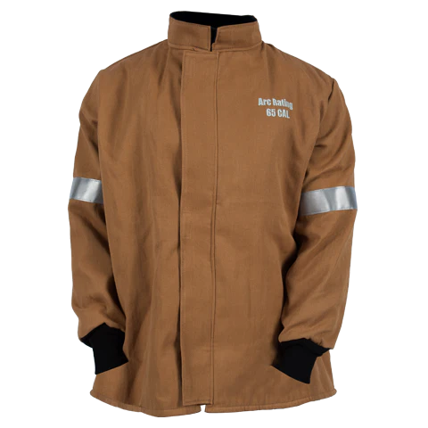 Brown Enespro National Safety Apparel EN65JTKVKH01 65 Cal Jacket on gray and black checkered background