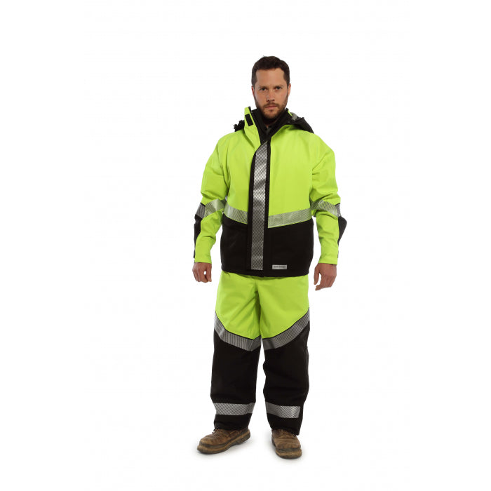 Man wearing lime yellow  National Safety Apparel Enespro KITHYDRO2 HYDROLITE 2.0 FR TYPE R Class 3 Extreme Weather Kit on white background