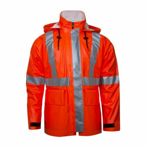Red NSA arc flash FR rain jacket R30RL06 against white background