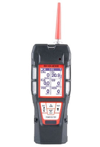 black and red RKI 72-6ABI-C gas monitor against white background