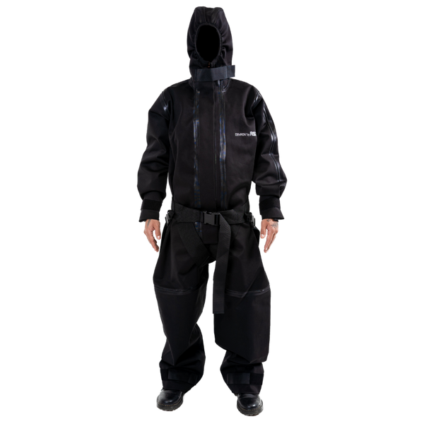 Radshield DFB50 full body CBRN radiation suit in Black on checkered background