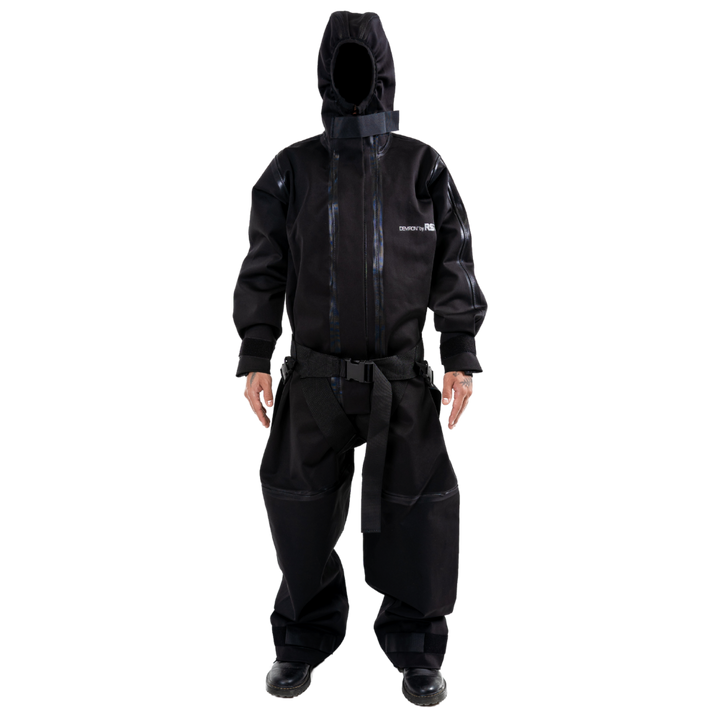Radshield DFB50 full body CBRN radiation suit in Black on checkered background