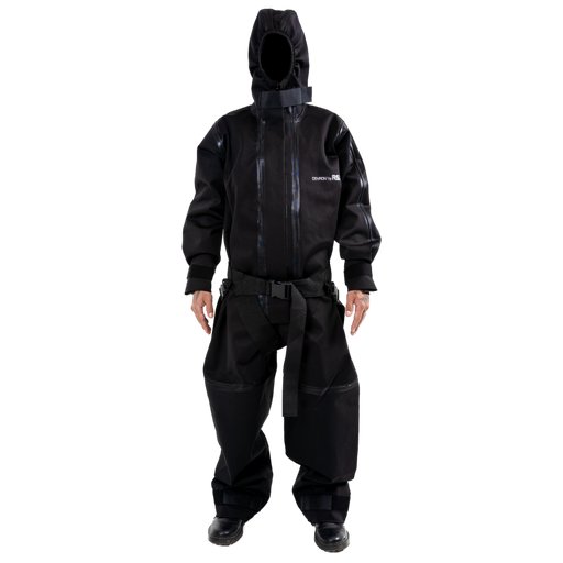 Radshield DFB50 full body CBRN radiation suit in Black on checkered background