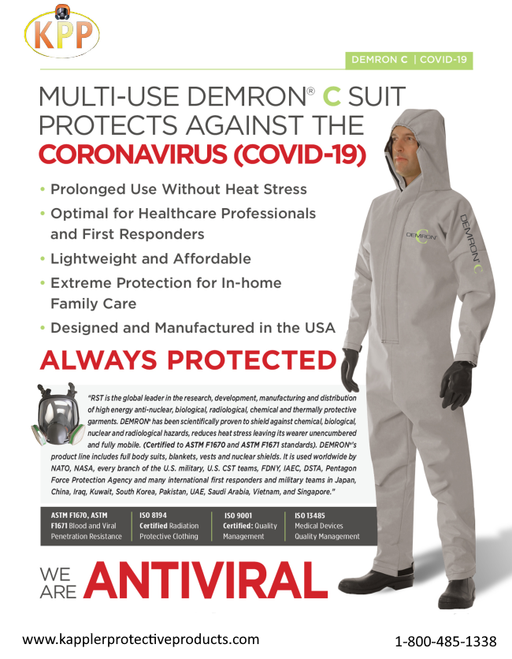 Radshield Demron Coronavirus/biological coverall against white background with writing