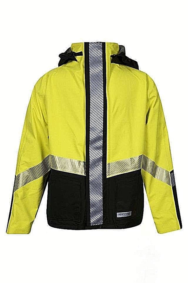 Lime yellow reflective NSA HYDRO2BOM bomber jacket on white background
