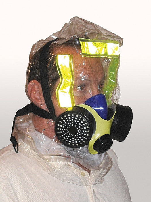 Man wearing Elmridge EBP-900 smoke escape mask against white background