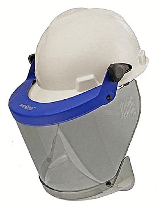 Tinted arc flash faceshield and blue bracket Paulson 9004560 on white background